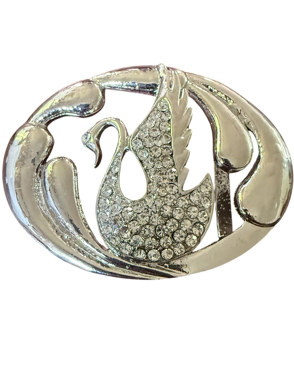 Vintage Swan Belt Buckle Crystal Rhinestone Silver-Tone Oval - Women Jewelry
